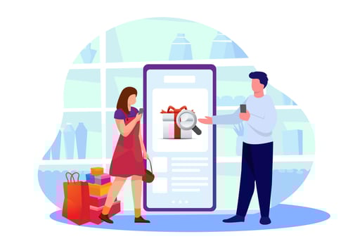 Order grocery online. Order with smartphone, shopping online concept. People buying grocery food products in mobile app. Order and Delivery in Online Supermarket. Vector illustration in flat style