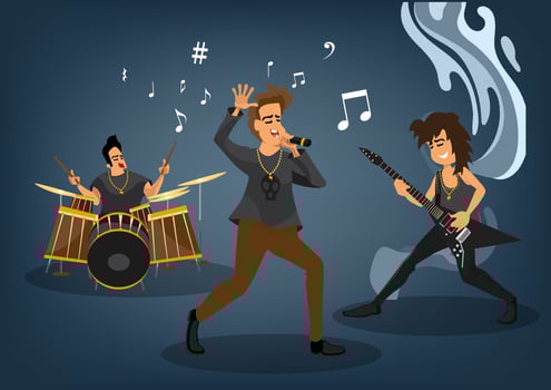Guitarists, drummers, singers, characters happily perform their music in rock music. Flat style cartoon illustration vector