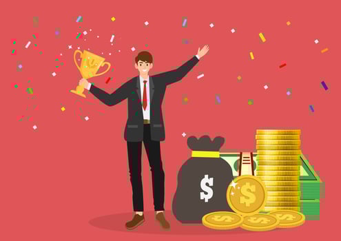 Business concept. Successful businessman standing laughing. Holding the winning trophy with gold coins, money bags and dollar bills vector illustration