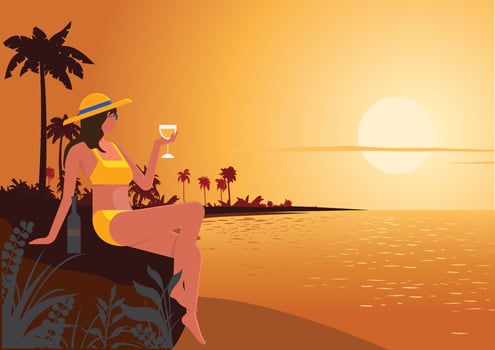 A young woman watching the sunset by the sea in the midst of a beautiful evening with a drink alone. Flat style cartoon illustration vector