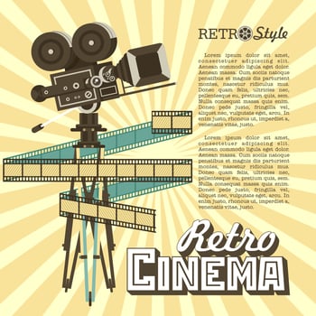 Vintage film camera. Vector poster retro movie theater with place for text. Vintage film reel, vector logo.