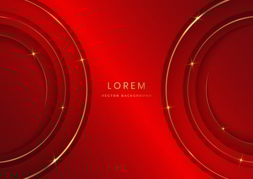 Luxury 3d template design circles overlapping layers stripes and gold glitter line light on red elegant background with copy space for text. vector