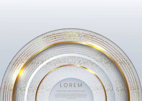 Abstract 3D white and grey half circle pattern with golden lines rounded decor gold glittering light sparkle background with copy space for text. vector