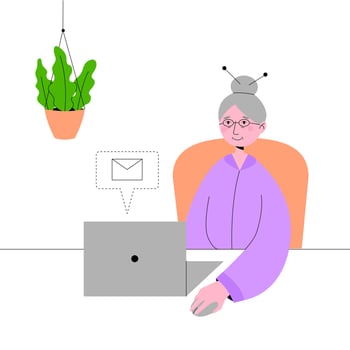 A happy grandmother with a laptop is sitting in an armchair and writing a letter. Isolated vector illustration in flat style on a white background.