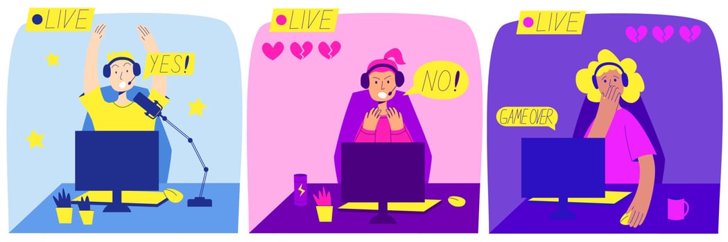Set of video game streamers in bright colors. Vector illustrations in flat style with background.