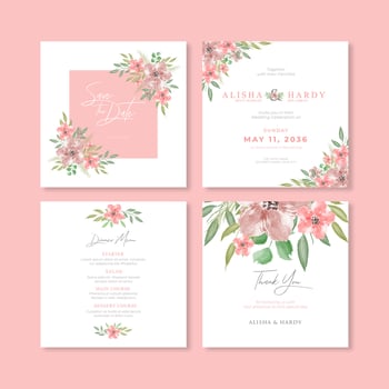 Romantic watercolor wedding social media post collection vector
