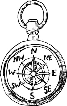 Monochrome ink sketch of compass. Hand -drawn illustration, logo, icon or design element vector