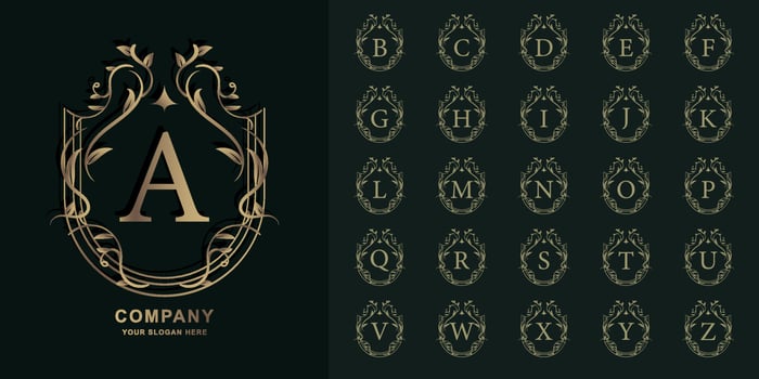 Letter A or collection initial alphabet with luxury ornament floral frame golden logo template. vector