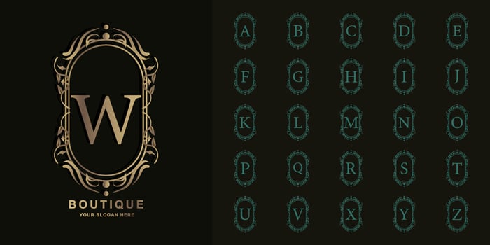 Letter W or collection initial alphabet with luxury ornament floral frame golden logo template. vector