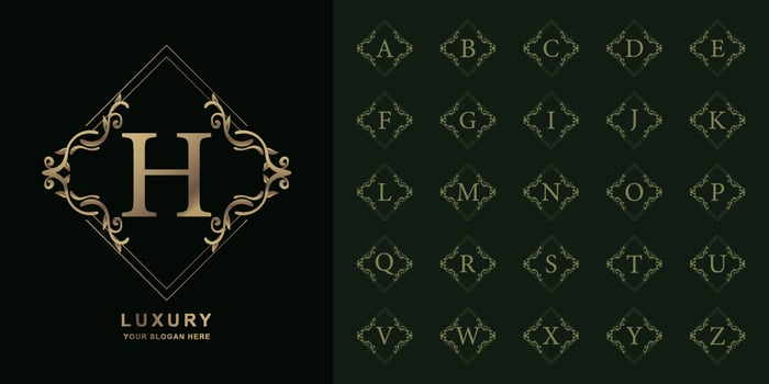 Letter H or collection initial alphabet with luxury ornament floral frame golden logo template. vector