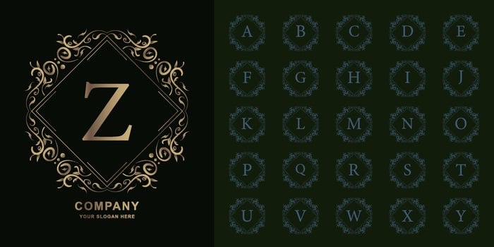 Letter Z or collection initial alphabet with luxury ornament floral frame golden logo template. vector