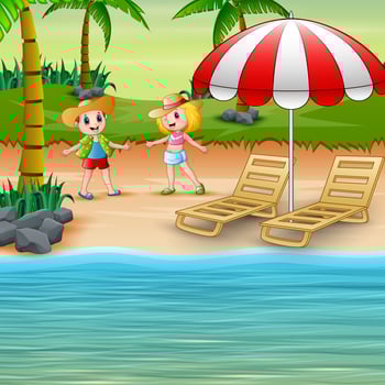 Funny children on the beach in a straw hat vector