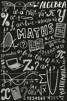 Maths symbols icon set. Algebra or mathematics subject doodle design. Education and study concept. Back to school background for notebook, not pad, sketchbook. Hand drawn illustration. vector