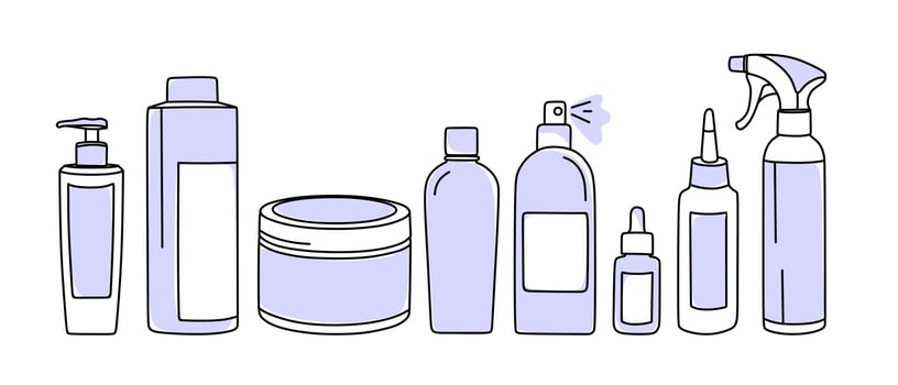 Hair care products. A set of cosmetics. In very peri color Vector illustration in doodle style.