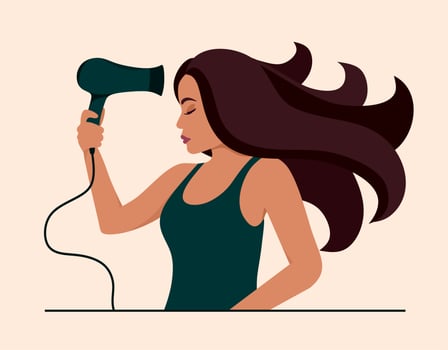 Girl dries her hair with a hairdryer. Hair care products. Vector illustration in a flat style.