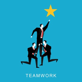 Cooperation or teamwork concept illustration. Teamwork businessmen pyramid to reach star. vector