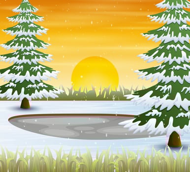 Winter season with snow covered trees at sunrise or sunset scene vector