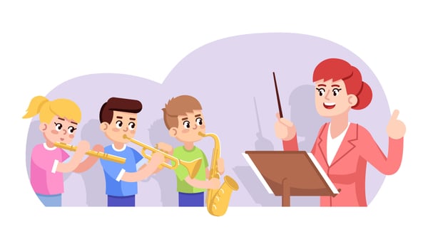 Rehearsal of children orchestra flat vector illustration. Kids ensemble. Music school performance. Art lesson. Girl and boys playing wind instruments, teacher conducting cartoon characters