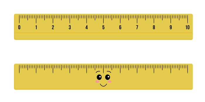 Cute wooden or plastic ruler measure instrument kawaii isolated on white background. Yellow school measuring ruler in centimeters scale. Vector flat illustration