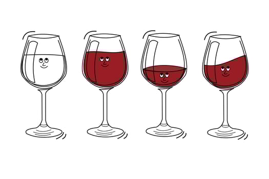Red wine glassware with smile face on white background. Cartoon sketch graphic design. Doodle style with black contour line. Cute hand drawn glass. Party drinks concept. Kawaii freehand drawing style vector