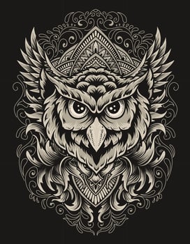 illustration owl head with engraving ornament vector