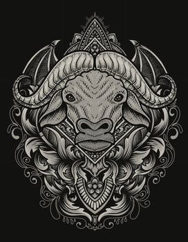 illustration buffalo head with engraving ornament vector