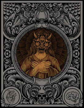 illustration vintage devil woman with engraving ornament vector