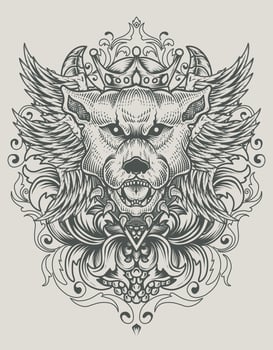 illustration vintage dog head with engraving ornament vector