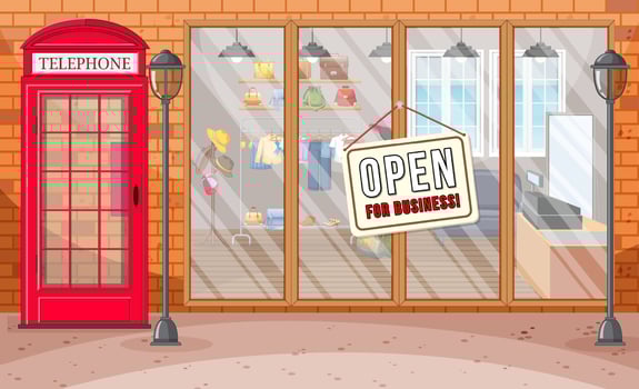 Clothing store with open for business banner vector