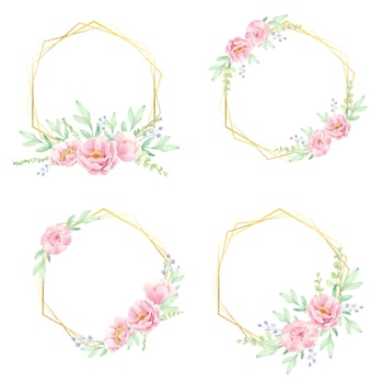 pink peony flower bouquet with golden geometric wreath frame collection for banner or logo vector