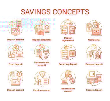 Savings concept icons set. Different banking systems, deposit account variety idea thin line illustrations. Passive income from savings account. Vector isolated outline drawings