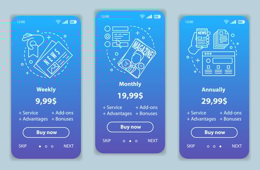 Newspaper, magazine subscription onboarding mobile app screens with service prices. Periodical publications walkthrough website pages templates. Tariff plans steps. Smartphone payment web page layout vector
