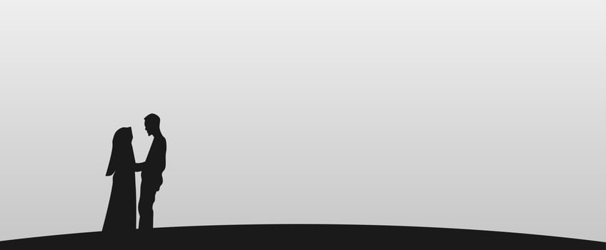Vector of the silhouette of a couple standing on the hill against moonlight in the night sky.