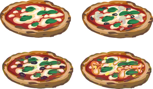 Set of 4 hand drawn vector Vegan Pizzas isolated on white background. Pizza with tomatoes, mozzarella cheese and Basil leaves. Pizza Margarita.