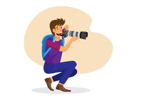 A male photographer holding a high-end camera, long lens, photographing distant birds or animals. flat style cartoon vector illustration