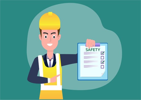Male engineer, safety inspector holding an industrial factory board checklist. Stand in front of the workplace for safety first. Safety first concept. flat style cartoon vector illustration