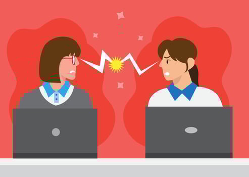 Female office workers quarreling at work, showing poor teamwork. Working hard. flat vector cartoon illustration