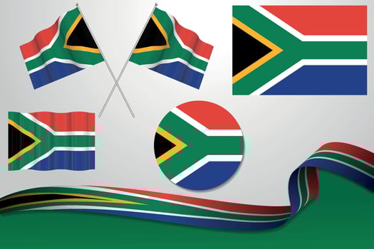 Set Of South Africa Flags In Different Designs, Icon, Flaying Flags With ribbon With Background. Free Vector