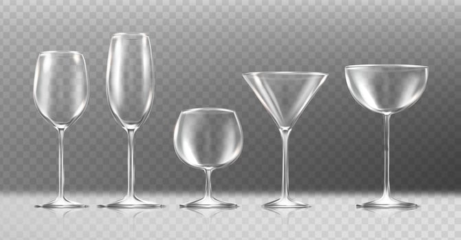 3d realistic vector icon set. Transparent glasses of wine, champagne, cognac, martini.