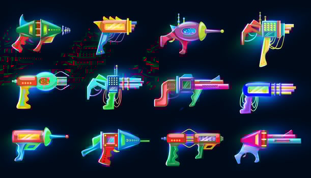 Collection of neon vector cartoon style flat illustration of futuristic colorful blasters glowing in the dark.