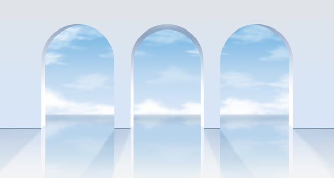 3d realistic vector white arches with a view on the blue sky.