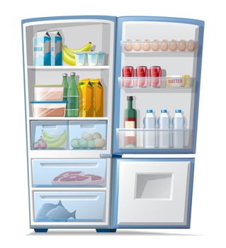 Vector cartoon style fridge with food inside