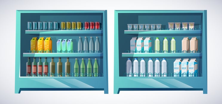 Vector seamless cartoon style supermarket shelves with products, food, drinks.