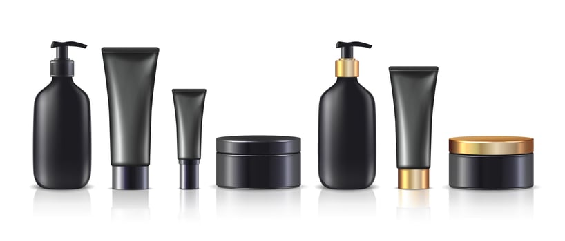 Big collection of 3d realistic vector cream bottles and jars in black with or without golden lids. Isolated on white background.