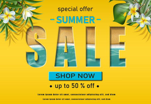 Vector yellow summer sale banner template with tropical flowers. Horizontal orientation.