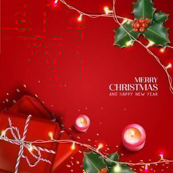 Vector realistic Christmas and New Year background, banner, flyer, greeting card, postcard. Square orientation. Red background with gift boxes and candles with mistletoe.