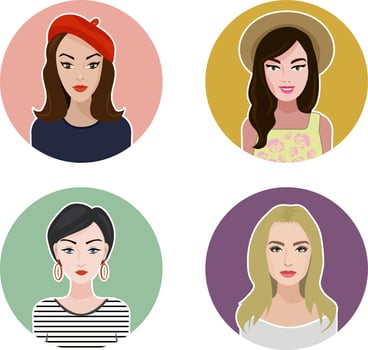 A set of avatars in flat style. Young woman portraits, diversity concept. Female icons, cheerful characters vector