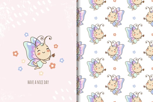 Cute cartoon character butterfly card and seamless pattern for kids vector