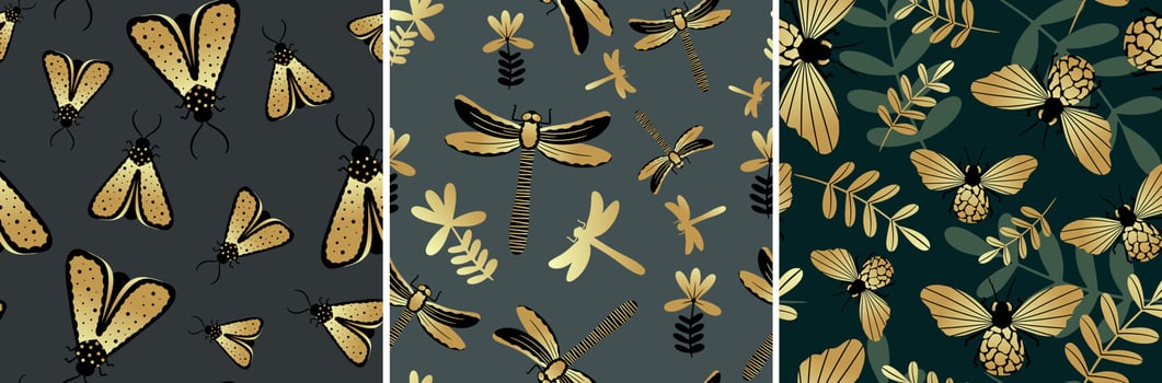 Set gold and black butterflies and dragonflies on dark background with seamless pattern. Vector illustration for the design of fabric, textiles, clothing, kimonos, men's shirts, packaging, wallpaper.