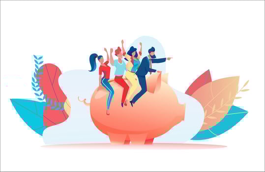 Little joyful people sit on piggy bank. Leader indicates path of development. Metaphor of increasing investment, capital accumulation. Successful teamwork concept. Flat vector illustration